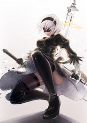 Rule 34 | back cutout, black dress, black hairband, blindfold, boots, cleavage cutout, clothing cutout, dress, feather-trimmed sleeves, hairband, highres, leotard, long sleeves, nier (series), nier:automata, silver hair, solo, thigh boots, thighhighs, thighhighs under boots, tss-mire, white leotard, 2b (nier:automata)