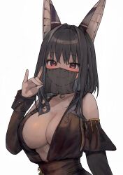 Rule 34 | 1girl, absurdres, animal ears, bare shoulders, black hair, breasts, brown dress, choker, cleavage, closed mouth, commission, dark-skinned female, dark skin, detached sleeves, dress, fox ears, fox shadow puppet, hand up, highres, karyln, large breasts, long hair, long sleeves, looking at viewer, mole, mole under eye, mouth veil, no bra, original, red eyes, see-through clothes, simple background, sleeveless, sleeveless dress, smile, solo, upper body, veil, white background