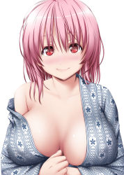 Rule 34 | 1girl, alternate costume, blush, breasts, cleavage, closed mouth, highres, japanese clothes, kimono, large breasts, lips, long sleeves, looking at viewer, no bra, nori tamago, off shoulder, own hands together, pink hair, pink lips, red eyes, revision, saigyouji yuyuko, simple background, smile, solo, touhou, upper body, veins, veiny breasts, white background