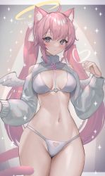 Rule 34 | 1girl, :3, angel, angel wings, animal ears, blue eyes, breasts, cat ears, cat girl, cat tail, halo, heart, highres, hitowa, looking at viewer, navel, open clothes, original, panties, pink hair, revealing clothes, small breasts, solo, sparkling eyes, tail, thick thighs, thighs, underwear, wings