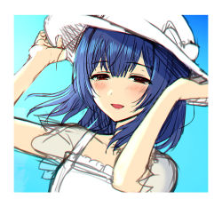 Rule 34 | :d, arms up, blue background, blue hair, blush, bow, brown eyes, dress, gradient background, half-closed eyes, hands on headwear, hat, hat bow, idolmaster, idolmaster shiny colors, long hair, looking at viewer, morino rinze, open mouth, see-through, see-through sleeves, short sleeves, sketch, smile, solo, sun hat, tobade (tbdfactory), upper body, white dress, white hat