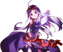 Rule 34 | 10s, 1girl, ahoge, armor, bunbun, covered navel, cowboy shot, dress, elbow gloves, fingerless gloves, floating hair, gloves, headband, holding, holding sword, holding weapon, long hair, looking at viewer, purple armor, purple dress, purple gloves, purple hair, red eyes, simple background, smile, solo, sword, sword art online, thighs, weapon, white background, yuuki (sao)