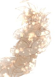 Rule 34 | 2boys, ^ ^, arms around neck, backlighting, blurry, bokeh, closed eyes, depth of field, dougi, dragon ball, dragonball z, closed eyes, father and son, fingernails, halo, hand on another&#039;s head, happy, highres, hug, light particles, male focus, mattari illust, monochrome, multiple boys, sepia, simple background, son gohan, son goku, spiked hair, super saiyan, super saiyan 2, twitter username, white background, wristband