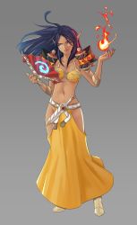 Rule 34 | 1girl, blue eyes, blue hair, breasts, character request, copyright request, dark-skinned female, dark skin, fire, hand fan, highres, long hair, looking at viewer, medium breasts, midriff, mole, no pupils, pointy ears, pomelomelon, revealing clothes, smile, solo, sword, thighs, weapon, wind