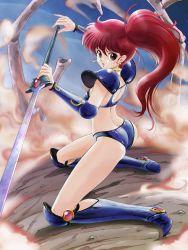 Rule 34 | 1girl, armor, asagiri youko, ass, bikini armor, boots, brown eyes, chestnut mouth, commentary request, gauntlets, genmu senki leda, highres, holding, holding sword, holding weapon, knee boots, kneeling, legs, long hair, long legs, partial commentary, pauldrons, red hair, shoulder armor, side ponytail, sword, tamanegiinyo, thighs, weapon