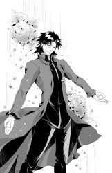 Rule 34 | 1boy, cassock, coat, fate/stay night, fate (series), flower, greyscale, kotomine kirei, male focus, monochrome, mullet, outstretched arms, smile, solo, toroakikan