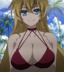 Rule 34 | 10s, 1girl, bikini, blonde hair, blue eyes, breasts, claire harvey, cleavage, cloud, earrings, highres, hundred (light novel), jewelry, large breasts, long hair, screencap, smile, solo, stitched, swimsuit, third-party edit, upper body