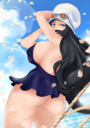 Rule 34 | 1girl, ass, black hair, blue dress, blue sky, breasts, cowboy shot, day, dress, from behind, grey eyes, hat, highres, large breasts, long hair, looking at viewer, looking back, molu, moluscoo, nico robin, one piece, petals, short dress, sideboob, sky, solo, standing, sunglasses on head, water, white hat