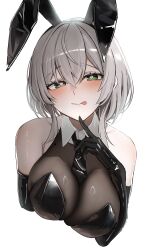 1girl absurdres animal_ears bare_shoulders black_leotard breasts fake_animal_ears hana_hebi heart heart-shaped_pupils highres hololive large_breasts leotard medium_hair playboy_bunny rabbit_ears shirogane_noel simple_background solo symbol-shaped_pupils tongue tongue_out upper_body virtual_youtuber white_background