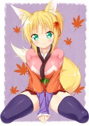 Rule 34 | 10s, 1girl, animal ears, black thighhighs, blonde hair, blush, breasts, dog days, female focus, fox ears, fox tail, green eyes, hair ornament, kazuma (kazumav), large breasts, leaf, long hair, looking at viewer, maple leaf, ponytail, simple background, sitting, sleeves past wrists, smile, solo, tail, thighhighs, v arms, wariza, yukikaze panettone