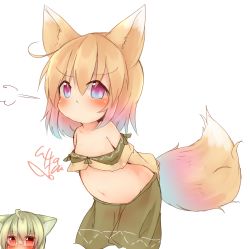 Rule 34 | 2girls, animal ears, arms behind back, belly, blonde hair, blush, crop top, flat chest, fox ears, fox tail, green shirt, green skirt, highres, leaning forward, midriff, multiple girls, navel, original, pink eyes, pout, red eyes, shirt, short hair, simple background, skirt, sunapua, tail, white background