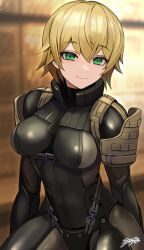 Rule 34 | 1girl, :3, blonde hair, bodysuit, breasts, commission, frogs (metal gear), green eyes, highres, looking at viewer, medium breasts, metal gear (series), metal gear solid, metal gear solid 4: guns of the patriots, original, short hair, signature, sitting, skeb commission, skin tight, smile, solo, sunao (70 the)