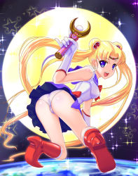 Rule 34 | 1girl, ass, bishoujo senshi sailor moon, blonde hair, blue eyes, boots, bow, double bun, earrings, earth (planet), elbow gloves, full moon, gloves, hair bun, hair ornament, jewelry, knee boots, leotard, long hair, looking at viewer, looking back, miniskirt, moon, open mouth, panties, planet, sailor collar, sailor moon, skirt, smile, solo, space, sparkle, star (symbol), tiara, tsukino usagi, twintails, ultramarimo, underwear, very long hair, wand, white gloves, white panties