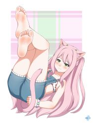 Rule 34 | 1girl, animal ears, barefoot, blush, cat ears, cat girl, cat tail, feet, foot focus, green eyes, highres, legs up, long hair, lululewd, overalls, pink hair, smile, soles, solo, tail, toes