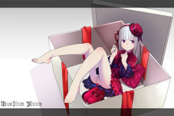 Rule 34 | 10s, 1girl, absurdres, barefoot, box, character name, feet, gift, gift box, gothic lolita, grey background, hat, highres, in box, in container, k-project, kushina anna, lolita fashion, long hair, marble, mini hat, mini top hat, panties, pantyshot, plantar flexion, red eyes, ribbon, shoes, unworn shoes, silver hair, simple background, slippers, unworn slippers, solo, toes, top hat, underwear
