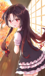 Rule 34 | 10s, 1girl, autumn leaves, black dress, blue sky, blurry, blurry background, blush, bow, brown hair, cloud, commentary request, day, depth of field, dress, fang, frilled dress, frills, gradient hair, hair between eyes, hair bow, highres, leaf, long hair, looking at viewer, looking back, maple leaf, multicolored hair, nut megu, outdoors, parted lips, puffy short sleeves, puffy sleeves, red bow, red eyes, red hair, ryuuou no oshigoto!, shirt, short sleeves, sky, sleeveless, sleeveless dress, solo, sunlight, tree, very long hair, white shirt, yashajin ai