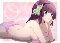 Rule 34 | 1girl, angel beats!, arm support, ass, back, bare arms, bare shoulders, bikini, black hairband, blunt bangs, bow, breasts, butt crack, closed mouth, collarbone, commentary, convenient arm, from side, frown, green bow, green eyes, hair bow, hairband, hand on own cheek, hand on own face, highres, lelie (lelie link), light blush, looking at viewer, lying, medium breasts, medium hair, nakamura yuri, on stomach, pink bikini, purple hair, shiny skin, sideboob, sidelocks, solo, straight hair, swimsuit, topless, unworn bikini top, v-shaped eyebrows