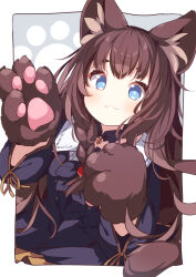 Rule 34 | 1girl, animal ear fluff, animal ears, animal hands, black jacket, black skirt, blue eyes, blush, braid, brown gloves, brown hair, center frills, closed mouth, collared shirt, commission, copyright request, daidai ookami, frills, gloves, highres, jacket, long hair, long sleeves, looking at viewer, open clothes, open jacket, paw gloves, revision, shirt, single braid, skeb commission, skirt, smile, solo, thick eyebrows, very long hair, white shirt