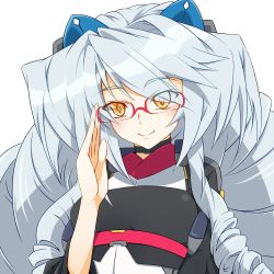 Rule 34 | 1girl, arm up, bespectacled, big hair, blush, breasts, drill hair, glasses, hair ornament, highres, kyoukaisenjou no horizon, large breasts, long hair, nate mitotsudaira, silver hair, simple background, smile, solo, touryou, very long hair, white background, yellow eyes