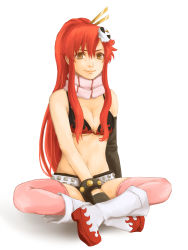 Rule 34 | 00s, 1girl, bad id, bad pixiv id, belt, bikini, bikini top only, boots, breasts, caelus17, cleavage, hair ornament, highres, indian style, lips, navel, pink thighhighs, ponytail, red hair, scarf, sitting, skull hair ornament, smile, solo, stomach, studded belt, swimsuit, tengen toppa gurren lagann, thighhighs, yellow eyes, yoko littner