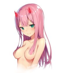 Rule 34 | 10s, 1girl, aqua eyes, bad id, bad pixiv id, bare arms, bare pectorals, bare shoulders, blush, breasts, collarbone, convenient censoring, covering privates, covering breasts, darling in the franxx, demon, demon girl, demon horns, hair over breasts, horns, long hair, looking at viewer, medium breasts, no bra, pectorals, pink hair, runastark, smile, solo, upper body, zero two (darling in the franxx)