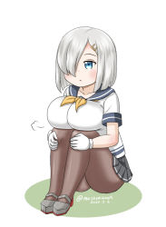 Rule 34 | 1girl, black legwear, blue eyes, breast rest, breasts, commentary request, dated, full body, gloves, grey sailor collar, grey skirt, hair ornament, hair over one eye, hairclip, hamakaze (kancolle), kantai collection, large breasts, masara (chuujou), one-hour drawing challenge, pleated skirt, sailor collar, school uniform, serafuku, short hair, silver hair, simple background, skirt, solo, twitter username, white background, white gloves, yellow neckwear