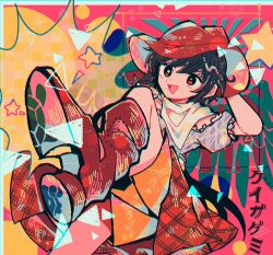 Rule 34 | 1girl, :d, abstract background, black hair, blue shirt, boots, brown footwear, brown hat, commentary request, cowboy hat, dress, frilled shirt, frills, hand on headwear, hat, highres, itomugi-kun, knee up, kurokoma saki, open mouth, orange skirt, plaid, plaid dress, puffy short sleeves, puffy sleeves, red dress, red eyes, scarf, shirt, short hair, short sleeves, skirt, smile, solo, star (symbol), touhou, white scarf