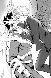 Rule 34 | 2boys, absurdres, ass, bodysuit, boku no hero academia, couple, covered abs, endeavor (boku no hero academia), facial hair, feathered wings, fire, flying, from side, gakuran, greyscale, hand on another&#039;s face, hawks (boku no hero academia), helen roro, highres, imminent kiss, large pectorals, male focus, mature male, monochrome, multiple boys, muscular, muscular male, pectorals, profile, scar, scar across eye, scar on face, school uniform, short hair, sideburns, spiked hair, stubble, thick thighs, thighs, kabedon, wings, yaoi