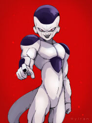 Rule 34 | 1boy, absurdres, alien, arm at side, artist name, bald, black lips, black nails, commentary, cowboy shot, dragon ball, dragonball z, evil smile, frieza, hand up, highres, hylran0427, index finger raised, looking at viewer, muscular, muscular male, open mouth, pointing, pointing at viewer, red background, red eyes, simple background, smile, solo, tail, teeth