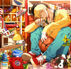 Rule 34 | 1boy, ball, basketball, basketball (object), blonde hair, book, bottle, box, bug, butterfly, camera, car, clock, cup, dog, finger to mouth, flower, food, fruit, grapes, hat, highres, insect, jewelry, kise ryouta, kuroko no basuke, lamp, leaf, male focus, motor vehicle, mug, necklace, oreo, pants, phone, radio, ring, shirt, shoes, short hair, sign, sitting, solo, strawberry, vehicle, yuna (rutera)