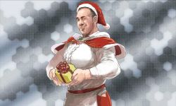 Rule 34 | 1boy, apron, billy herrington, box, capelet, christmas, cosplay, crossdressing, gachimuchi pants wrestling, gift, gift box, grin, hat, hexagon, hip vent, holding, holding gift, jingei (kancolle) (cosplay), jingei (lancolle), kantai collection, long sleeves, male focus, matsutani, one eye closed, real life, santa costume, santa hat, simple background, smile, solo, waist apron, white apron, wrestling (series)