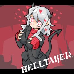 1girl, black horns, black jacket, black miniskirt, black skirt, black suit, blush, breasts, business suit, curly hair, demon girl, demon horns, formal, hands together, heart, heart-shaped pupils, helltaker, horns, jacket, large breasts, long sleeves, looking at viewer, medium hair, miniskirt, modeus (helltaker), monster girl, red eyes, red sweater, ribbed shirt, roo san, shirt, short hair, simple background, skirt, sleeves past wrists, solo, standing, suit, sweater, symbol-shaped pupils, tail, thighhighs, turtleneck, upper body, white hair