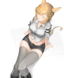 Rule 34 | 1girl, :d, absurdres, animal ears, arknights, arm strap, black shorts, blonde hair, blush, braid, breasts, cleavage, closed eyes, collared shirt, feet out of frame, from above, grey shirt, grey thighhighs, highres, knees up, kroos (arknights), kroos the keen glint (arknights), large breasts, long hair, navel, on floor, open clothes, open fly, open mouth, open shorts, rabbit ears, shirt, short shorts, short sleeves, shorts, single braid, sitting, smile, solo, stomach, thigh gap, thighhighs, unitsu, very long hair