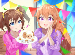 Rule 34 | 2girls, absurdres, artist name, artist request, blue sky, blush, bow, breasts, brown hair, cake, cloud, collarbone, female focus, fingers together, food, hair between eyes, hair bow, hair ornament, hairclip, heart, heart print, highres, holding, holding plate, indoors, jacket, konoe kanata, long hair, looking at viewer, love live!, love live! nijigasaki high school idol club, multiple girls, orange hair, own hands together, parted lips, pink jacket, plate, purple eyes, purple jacket, shirt, sky, smile, upper body, white shirt, yellow bow, yellow shirt