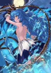 Rule 34 | 1girl, animal ears, backless outfit, bare back, bare shoulders, black gloves, blue hair, blue skirt, blue theme, breasts, brown eyes, chain, closed mouth, cloud, cloudy sky, commentary request, erune, ferry (granblue fantasy), frilled skirt, frills, from behind, full moon, gloves, granblue fantasy, hair between eyes, highres, holding, long hair, momo (granblue fantasy), moon, night, night sky, outdoors, pleated skirt, shirt, skirt, sky, small breasts, smile, solo, very long hair, wasabi60, white shirt