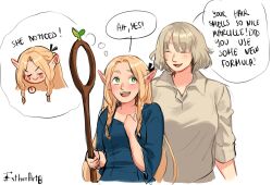 Rule 34 | 2girls, ambrosia (dungeon meshi), artist name, blonde hair, braid, closed eyes, dungeon meshi, elf, english text, estherart0, falin touden, green eyes, grey hair, highres, light blush, long hair, looking at another, marcille donato, multiple girls, open mouth, pointy ears, shirt, short hair, simple background, smile, speech bubble, staff, teeth, twin braids, upper body, upper teeth only, white background, yuri