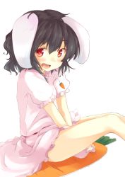 Rule 34 | 1girl, animal ears, bare legs, black hair, carrot, carrot necklace, dress, fang, female focus, highres, inaba tewi, jewelry, mokoke, necklace, open mouth, pendant, rabbit ears, red eyes, short hair, simple background, sitting, solo, touhou, v arms