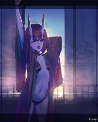 Rule 34 | 1girl, absurdres, arm up, backlighting, bare shoulders, bob cut, breasts, curtains, eyeliner, fate/grand order, fate (series), headpiece, highres, horns, japanese clothes, kimono, long sleeves, looking at viewer, makeup, navel, one eye closed, oni, open clothes, open kimono, open mouth, purple eyes, purple hair, purple kimono, revealing clothes, sawarineko, short eyebrows, short hair, shuten douji (fate), skin-covered horns, small breasts, solo, stretching, thighs, wide sleeves, yawning