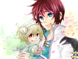 Rule 34 | 2boys, asbel lhant, blue eyes, bracelet, capelet, coat, frills, green hair, hairband, jewelry, lambda, multiple boys, open mouth, red eyes, red hair, short hair, smile, tales of (series), tales of graces