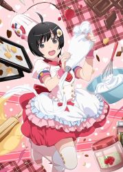 Rule 34 | 1girl, ahoge, apron, araragi tsukihi, artist request, boots, chef hat, egg hair ornament, food, food-themed hair ornament, foot out of frame, hair ornament, hat, monogatari (series), monogatari series puc puc, pink footwear, short hair, solo, source request, sweets, thighhighs, whisk