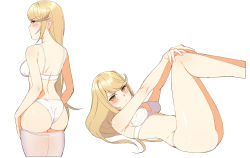 Rule 34 | 1girl, ass, blonde hair, blush, bra, breasts, clothes pull, cowboy shot, from behind, goumudan, hair over shoulder, hands on own knees, highres, long hair, looking at viewer, looking back, lying, medium breasts, multiple views, mythra (xenoblade), nintendo, on back, panties, pantyhose, pantyhose pull, profile, sidelocks, simple background, swept bangs, underwear, underwear only, very long hair, white background, white bra, white panties, white pantyhose, xenoblade chronicles (series), xenoblade chronicles 2, yellow eyes