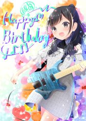Rule 34 | 1girl, :d, black hair, blush, cable, clothing cutout, commentary request, dress, floral background, frilled sleeves, frills, half updo, happy birthday, heart, highres, koh (user kpcu7748), kohara riko, long hair, looking at viewer, musical note, open mouth, plectrum, print dress, real life, shoulder cutout, side slit, smile, solo, voice actor