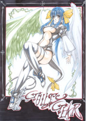Rule 34 | 1girl, arc system works, asymmetrical wings, blue hair, boots, breasts, dizzy (guilty gear), guilty gear, hair ribbon, large breasts, leg lift, long hair, red eyes, ribbon, solo, tail, tail ornament, tail ribbon, thighhighs, underboob, very long hair, wings