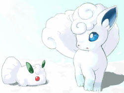Rule 34 | :o, aberu (ycrr3542), alolan form, alolan vulpix, blue eyes, commentary request, creatures (company), game freak, gen 7 pokemon, looking to the side, nintendo, no humans, pokemon, pokemon (creature), snow sculpture, solo, standing, toes, white fur