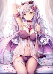 Rule 34 | 1girl, arm support, arm up, armpits, babydoll, bare shoulders, between breasts, braid, braided bangs, breasts, cleavage, commentary, demon girl, demon horns, demon tail, demon wings, detached sleeves, earrings, english commentary, flower, gloves, hair flower, hair ornament, hair ribbon, half gloves, highres, horns, jewelry, large breasts, leg ribbon, lingerie, long hair, looking at viewer, navel, original, panties, parted lips, pink eyes, pointy ears, ponytail, purple gloves, purple hair, purple panties, purple ribbon, ribbon, see-through, sitting, solo, stomach, string panties, tail, thighs, tokeshi, underwear, underwear only, wavy hair, wings