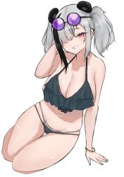 Rule 34 | 1girl, :d, animal ears, arknights, bad id, bad pixiv id, bare arms, bare shoulders, bear ears, bikini, black bikini, blue nails, blush, bracelet, breasts, cleavage, collarbone, eyewear on head, feater (arknights), full body, grey hair, grin, hair over one eye, highres, jewelry, large breasts, layered bikini, looking at viewer, multicolored hair, nail polish, open mouth, parted lips, purple-framed eyewear, red eyes, round eyewear, short hair, short twintails, sidelocks, simple background, sitting, smile, solo, streaked hair, sunglasses, swimsuit, teeth, thigh gap, twintails, two-tone hair, unknownnoname0, white background