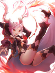 Rule 34 | 1girl, :d, animal ears, animal hood, arm up, ass, bare shoulders, black footwear, black leotard, blush, braid, braided bangs, breasts, character request, commentary request, detached pants, erune, fang, fire, fraux, french braid, granblue fantasy, high heels, highres, hood, hood up, leg up, leotard, long hair, long sleeves, looking at viewer, mizuya nao, open clothes, open mouth, parted bangs, pink hair, red eyes, simple background, small breasts, smile, solo, teeth, twintails, upper teeth only, white background