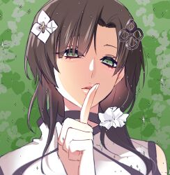 Rule 34 | 1girl, absurdres, assault lily, black choker, black hair, choker, commentary, finger to mouth, floral background, flower, flower knot, green background, green eyes, hair flower, hair ornament, hair over shoulder, hair scrunchie, half-closed eyes, hand up, highres, index finger raised, kikikaikai (kikikaikai chan), long hair, looking at viewer, low ponytail, parted lips, portrait, scrunchie, shirt, side ponytail, sleeveless, sleeveless shirt, solo, sparkle, wang yujia, white scrunchie, white shirt