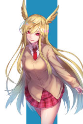 Rule 34 | 1girl, blonde hair, breasts, brown sweater, commentary request, dress shirt, fate/grand order, fate (series), hair between eyes, head wings, long hair, looking at viewer, medium breasts, necktie, plaid, plaid skirt, re (re 09), red eyes, red necktie, red skirt, school uniform, shirt, sidelocks, skirt, smile, solo, sweater, thrud (fate), valkyrie (fate), very long hair, white shirt, wings