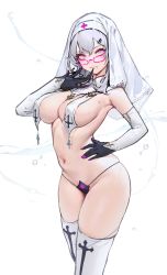Rule 34 | 1girl, absurdres, bikini, bikini bottom only, biting, black bikini, black gloves, breast curtains, breasts, commentary, copyright request, crossed arms, detached sleeves, eiroyi, glasses, glove biting, gloves, habit, hair between eyes, hair ornament, hairclip, hand on own hip, highres, large breasts, long hair, long sleeves, looking at viewer, mole, mole on breast, mole under mouth, navel, parted lips, pink eyes, silver hair, simple background, smile, solo, stomach, swimsuit, symbol-only commentary, thighhighs, white background, white thighhighs